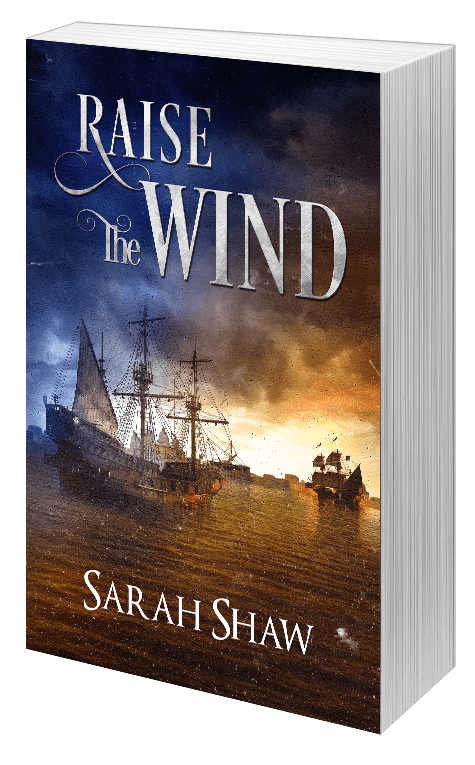 3D display of Raise the Wind book cover, featuring a ship sailing out at sunset