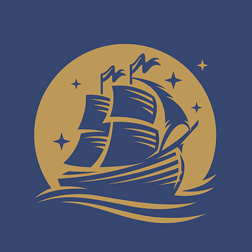Blue and pale brown logo of a sailing ship